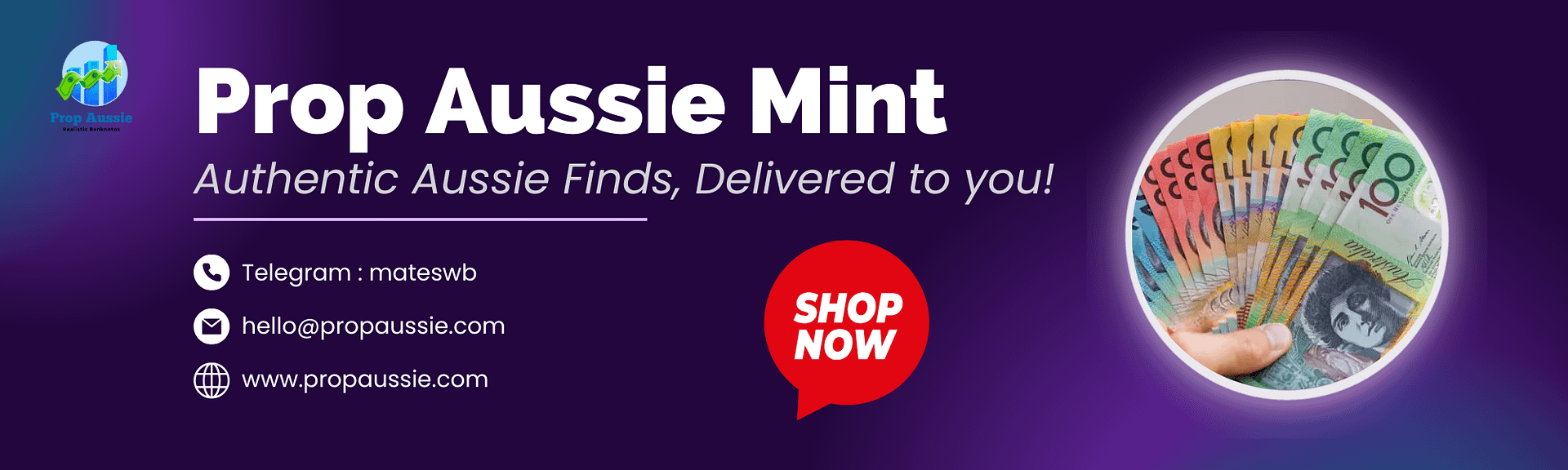 Banner displaying Australian prop money company Aussie Mint.